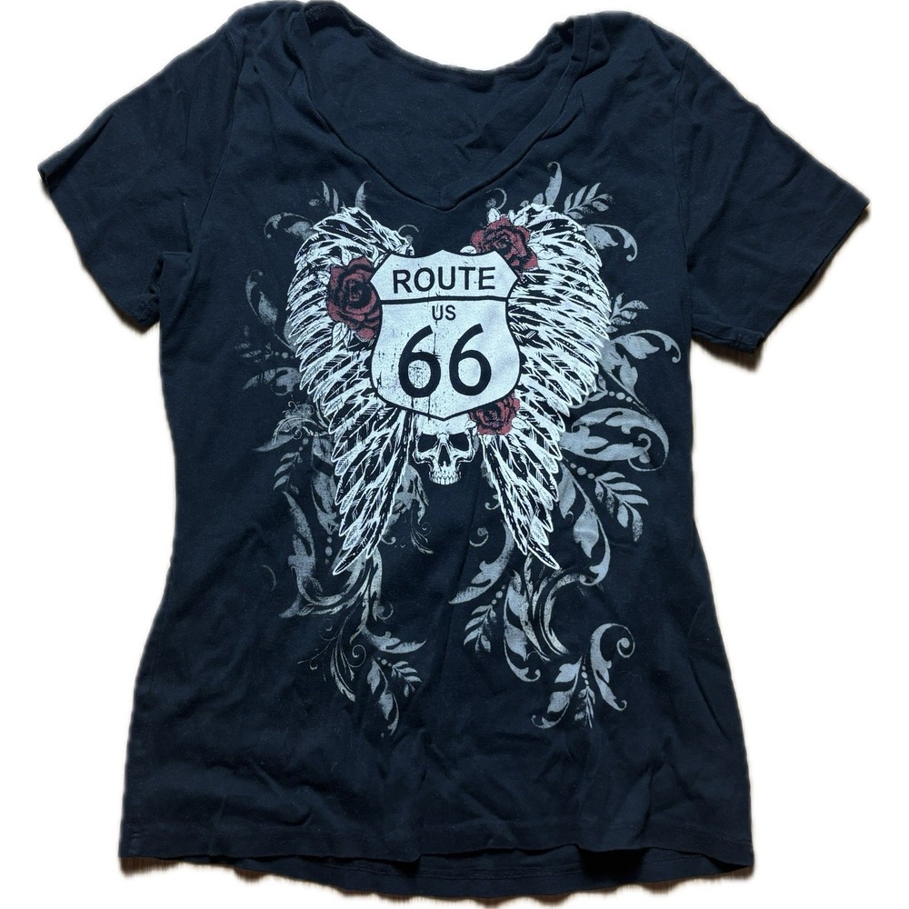 Angel Graphic Route 66 Tee Women's L/Xl Short Sleeve Black Grunge Goth Rock